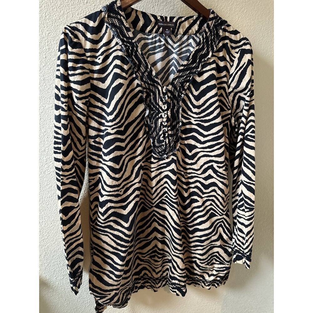 Dana Buchman Women’s Long Sleeve Tunic Blouse Animal Print Black and Beige M